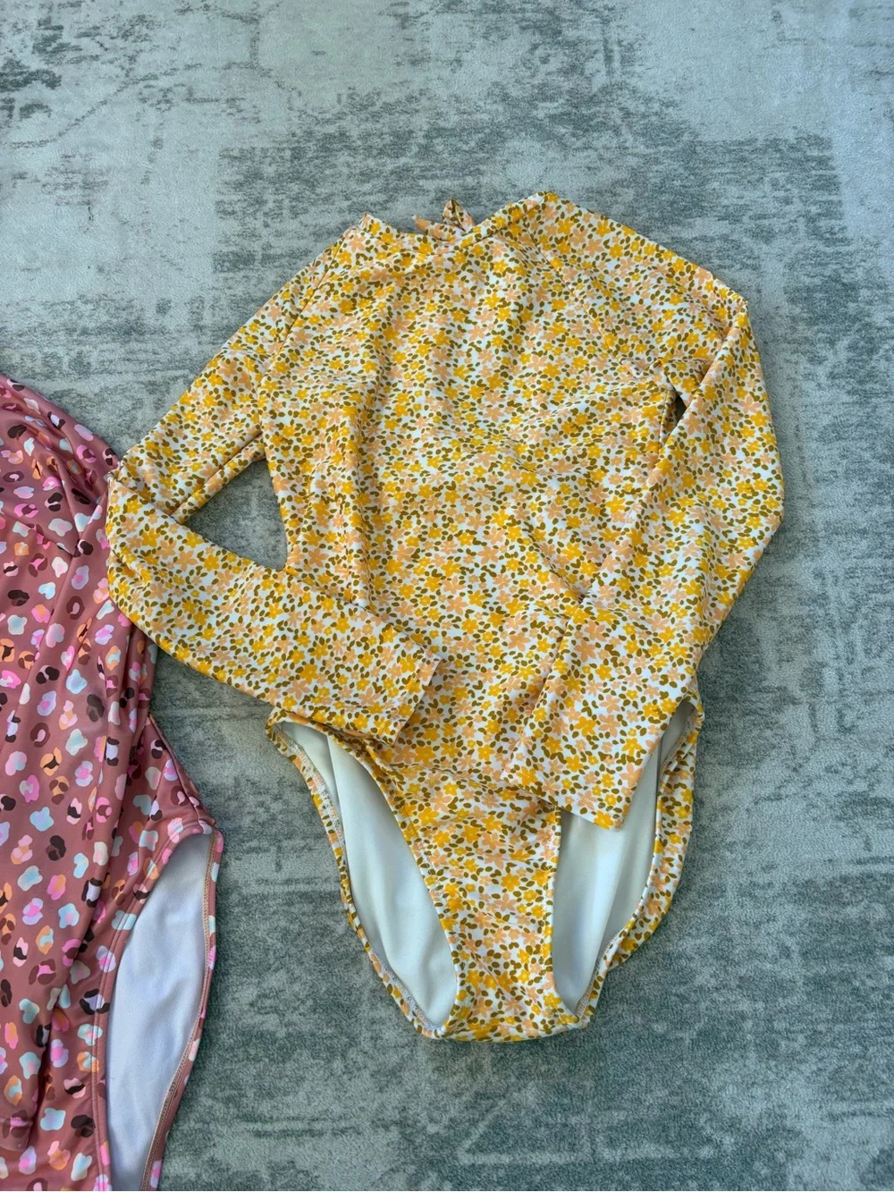Girl’s Long Sleeve One-Piece Swimsuit Set of 2 Pink & Yellow Floral L (10/12)
